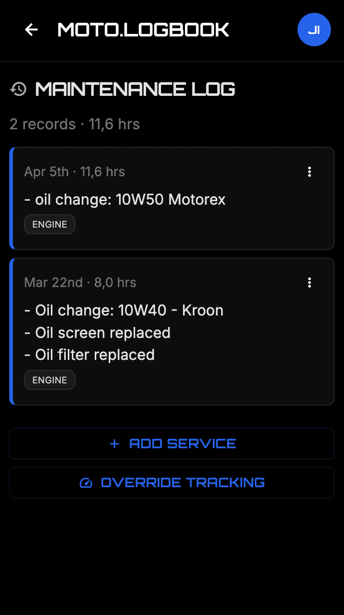 MOTO.LOGBOOK vehicle service log screen